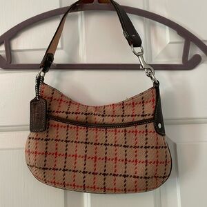 Vintage Coach Handbag. Wool Flannel in Camel with red and brown stripes